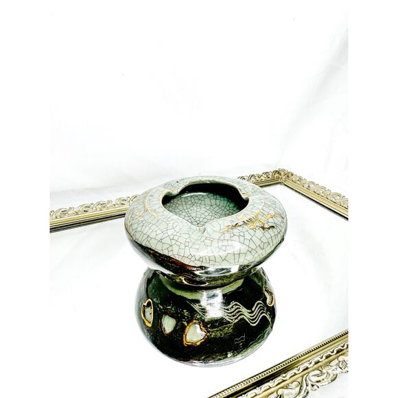 Somayaki Soma Ware Ashtrays Japanese Double Layer Crackle Gold Trim Horse Heart - Picture 2 of 10